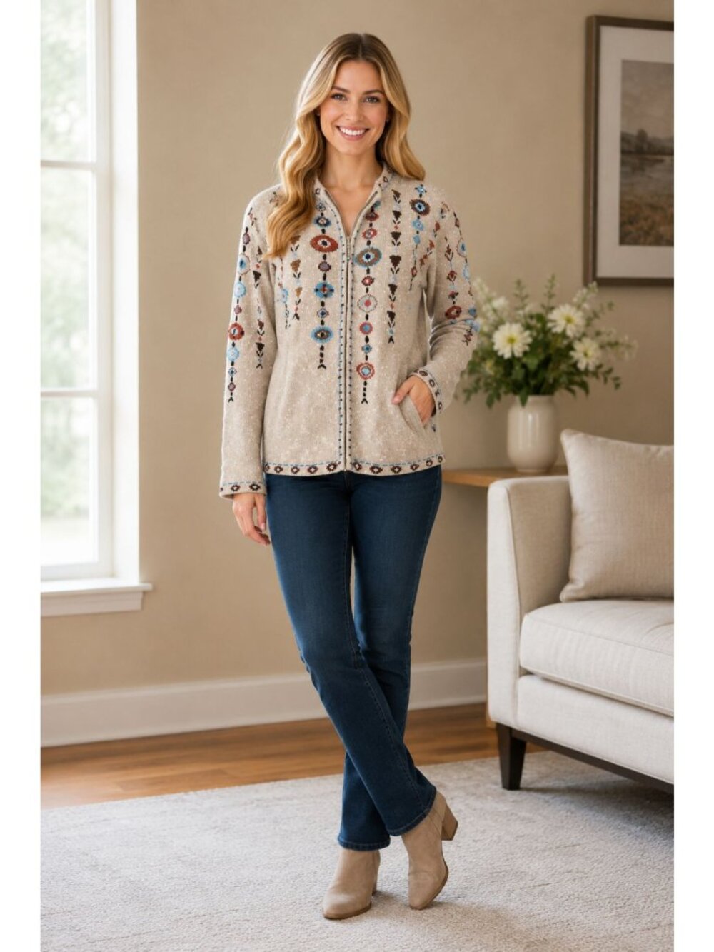 Vintage Southwestern Nordic Style Icelandic Beige Zip-Up Jacket Sz S